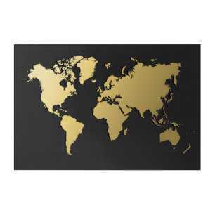 Gold World Map on Black Chevron Acrylic Print