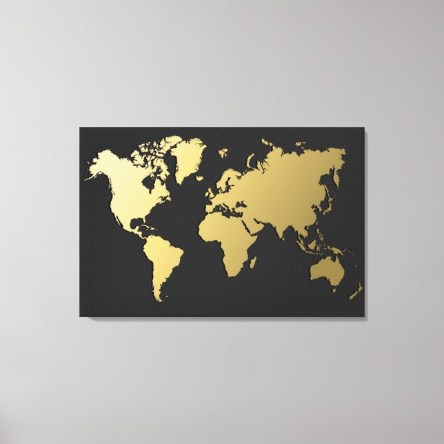 Gold World Map on Black Chevron Canvas Print (Front)