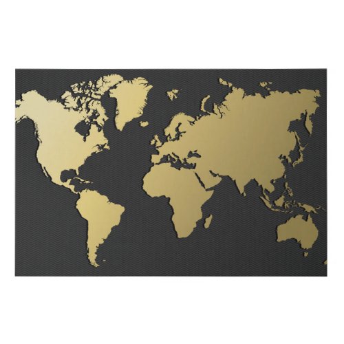 Gold World Map on Black Chevron Faux Canvas Print