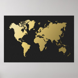 Gold World Map on Black Chevron Poster