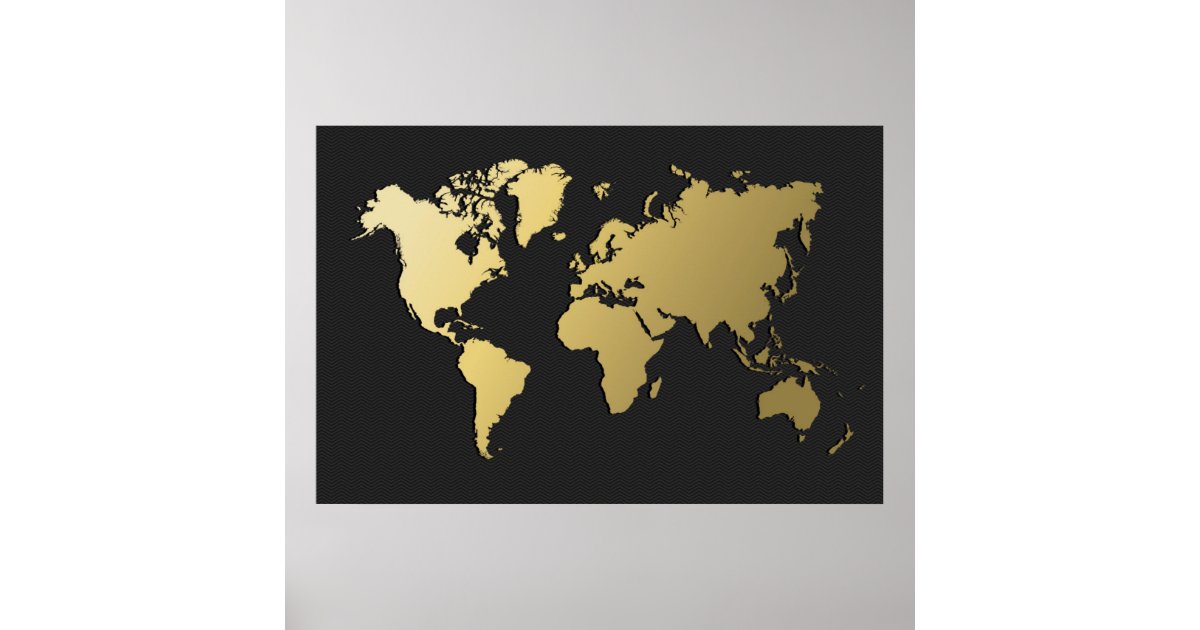 gold world map on black chevron poster zazzle com