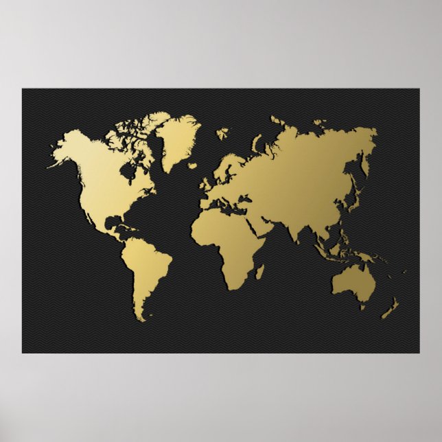 Gold World Map on Black Chevron Poster (Front)
