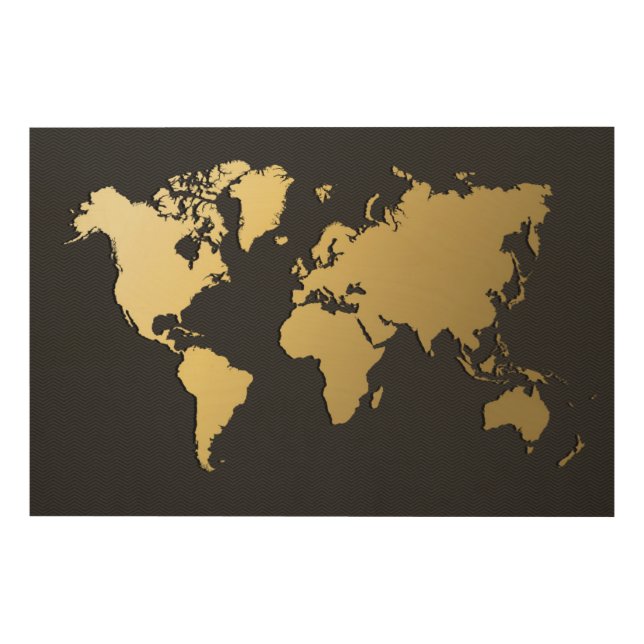 Gold World Map on Black Chevron Wood Wall Art (Front)