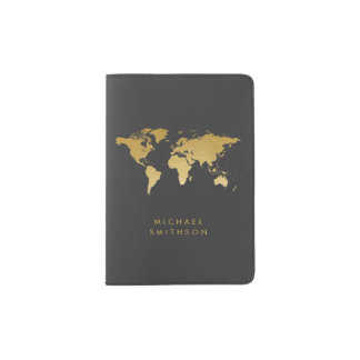 Gold World Map on Gray Professional Minimalist Passport Holder