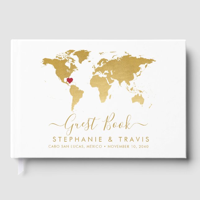Gold World Map Personalized Heart Destination  Guest Book (Front)