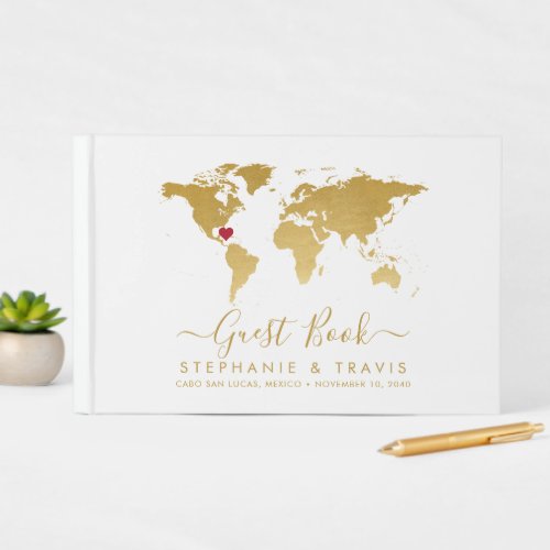 Gold World Map Personalized Heart Destination  Guest Book