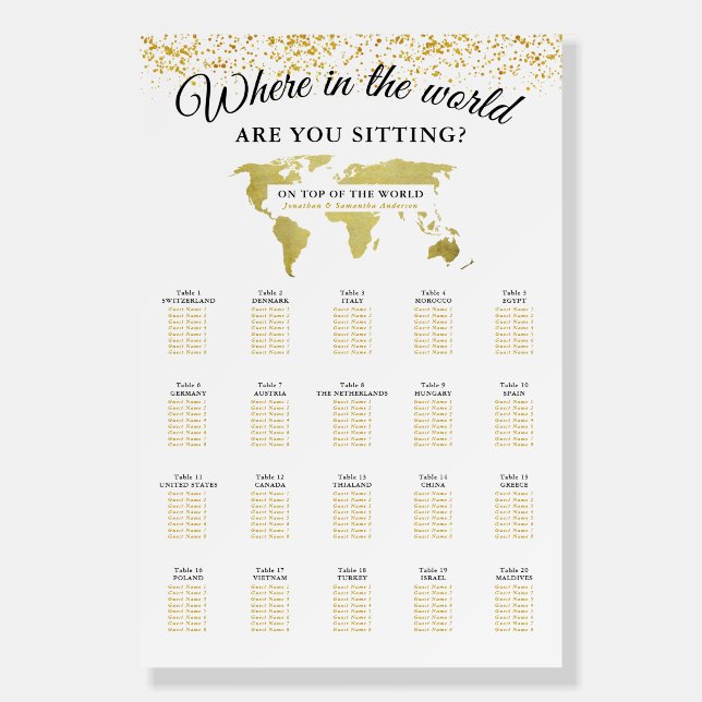 Gold World Map Seating Chart Foam Board (Front)