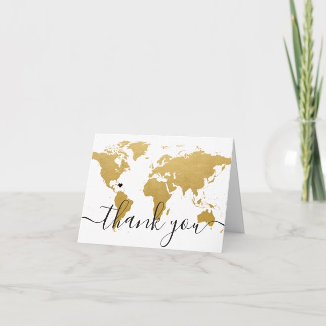 Gold World Map Thank You Photo Card (Front)
