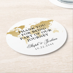 Gold World Map Travel Thank You Wedding Favor Round Paper Coaster
