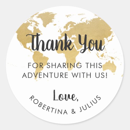 Gold World Map Travel Theme Thank You Favor Classic Round Sticker