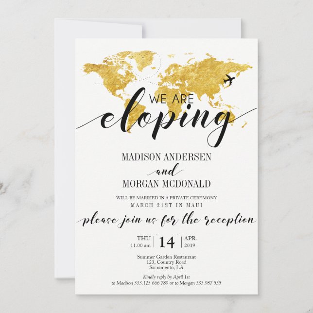 Gold World Map We are eloping reception invite (Front)