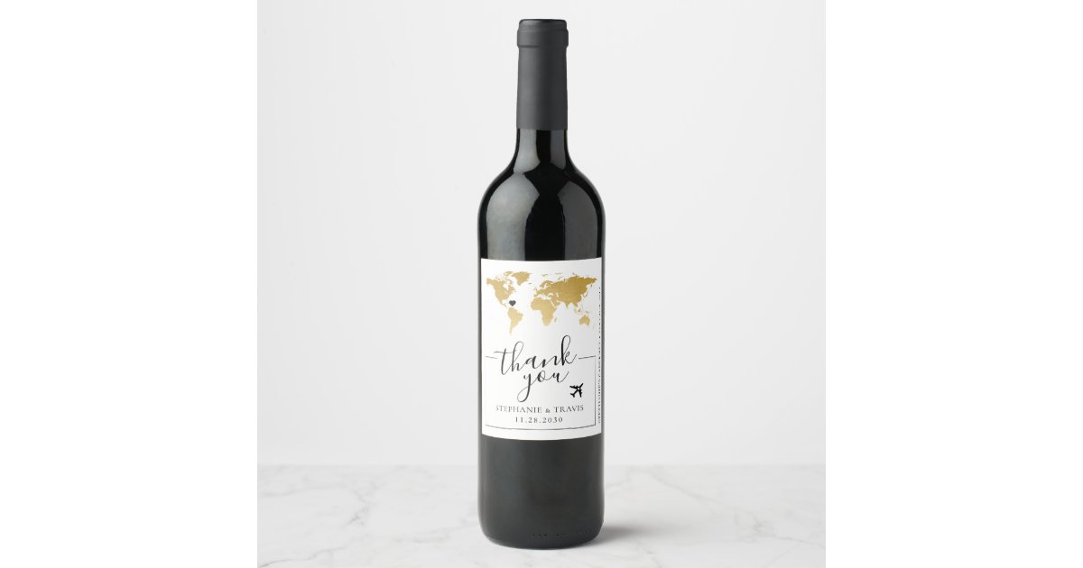 Gold World Map with Heart Destination Wedding Wine Label | Zazzle