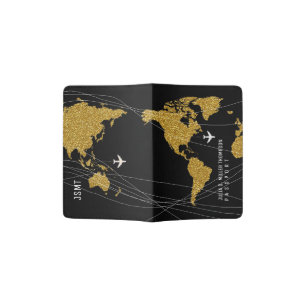 Gold Worldmap on Black Elegant Travel Passport Holder