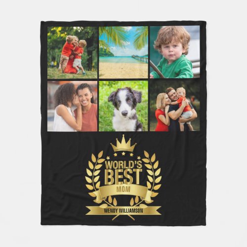 Gold Worlds Best Mom Mother Photo Black Fleece Blanket