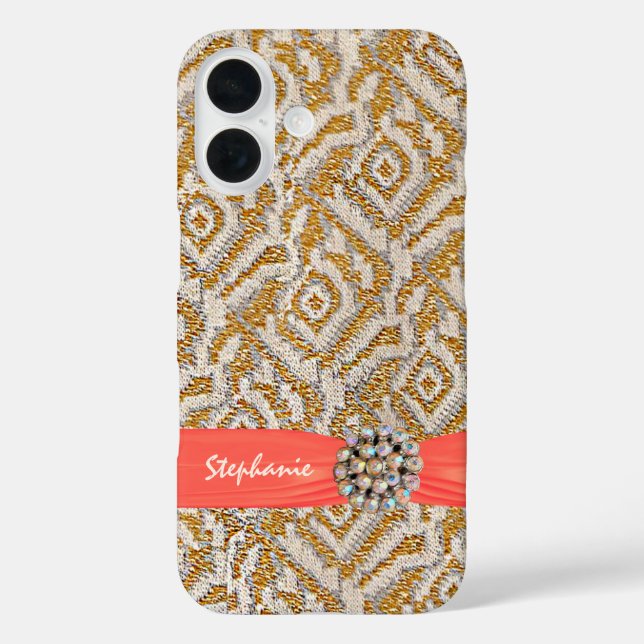 Gold Woven Fabric with Ribbon and Rhinestone Case-Mate iPhone Case (Back)