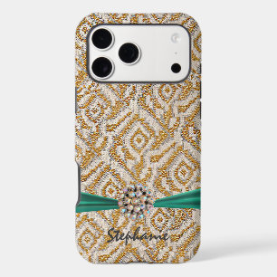 Gold Woven Fabric with RibbonFaux Rhinestone iPhone 17 Pro Max Case