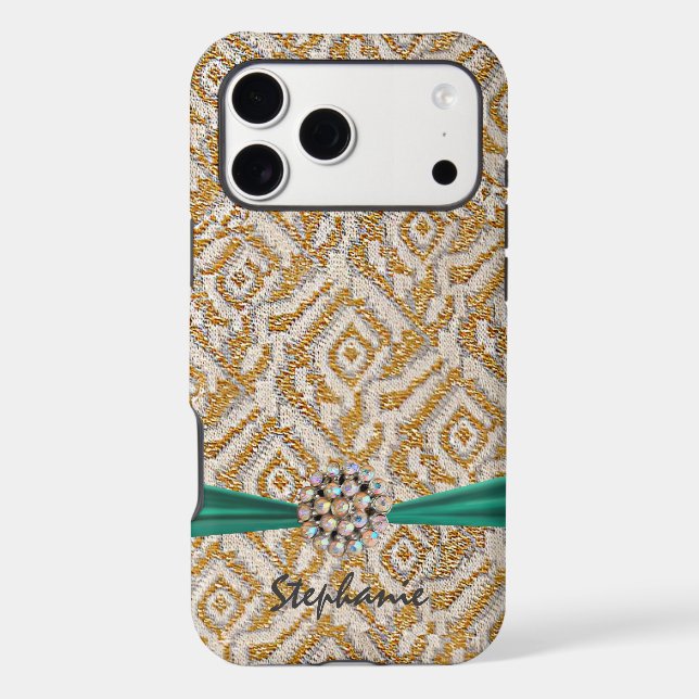 Gold Woven Fabric with RibbonFaux Rhinestone Case-Mate iPhone Case (Back)