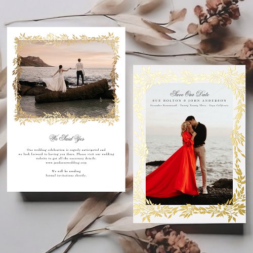 Gold Woven Leaf Frame Photo Wedding Save The Date Foil Invitation