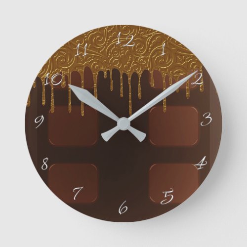 Gold Wrapper Drip Chocolate Candy Bar Glam Round Clock