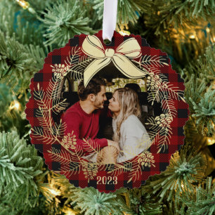 Gold Wreath Buffalo Plaid with Photo Ornament Card