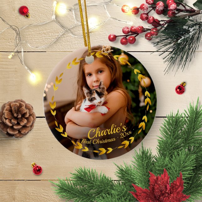 Gold Wreath Cat First Christmas Simple Photo Ceramic Ornament (Creator Uploaded)