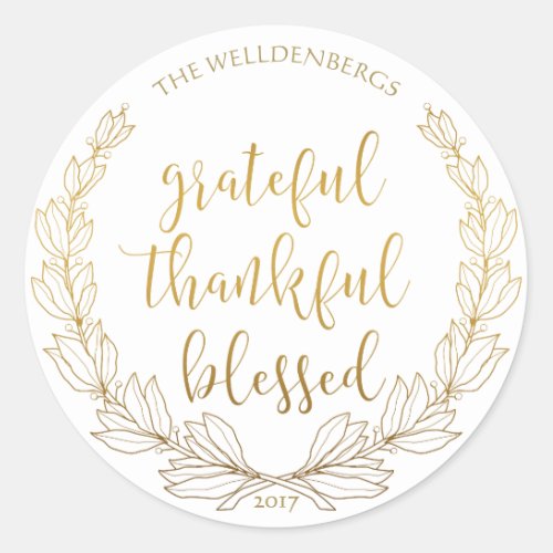 Gold Wreath Grateful Thankful Blessed Monogram Classic Round Sticker