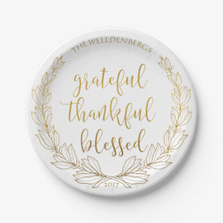 Gold Wreath Grateful Thankful Blessed Monogram Paper Plates