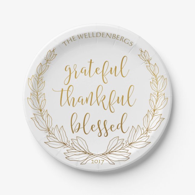 Gold Wreath Grateful Thankful Blessed Monogram Paper Plates (Front)