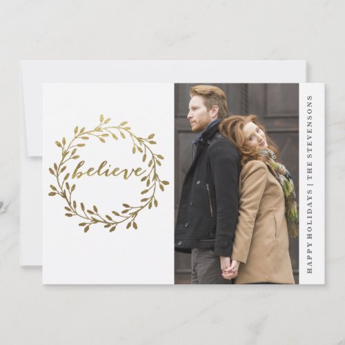 Gold Wreath Holiday Card with Photo