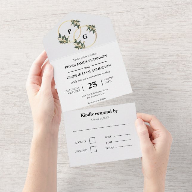 Gold Wreath Leaves All In One Wedding Invitation (Tearaway)
