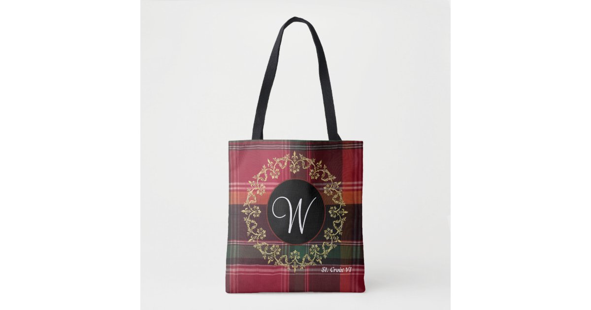 Gold Wreath Madras Plaid Monogram Decorative Tote Bag Zazzle Com