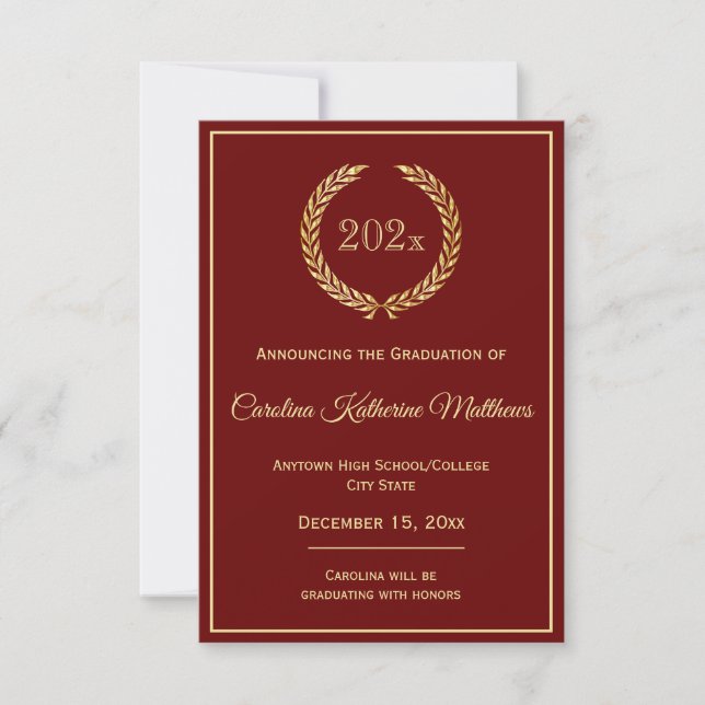Gold Wreath Maroon Graduation Announcement (Front)