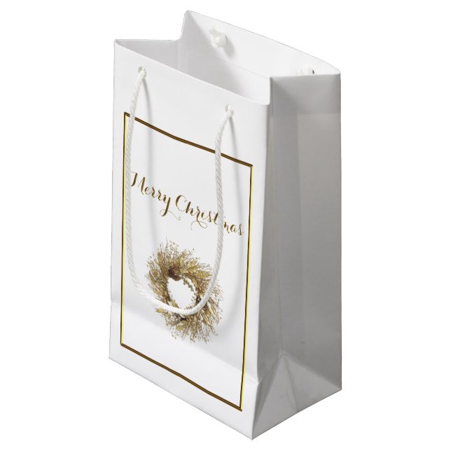 Gold Wreath Merry Christmas Gift Bag (Front Angled)
