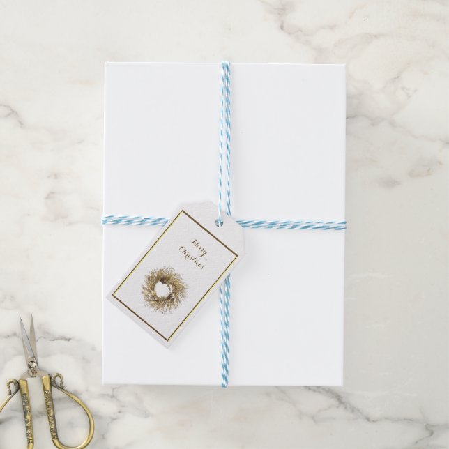 Gold Wreath Merry Christmas Gift Tags (With Twine)