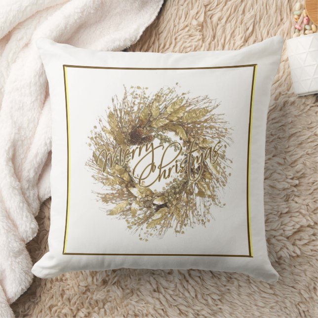 Gold Wreath Merry Christmas Throw Pillow (Blanket)