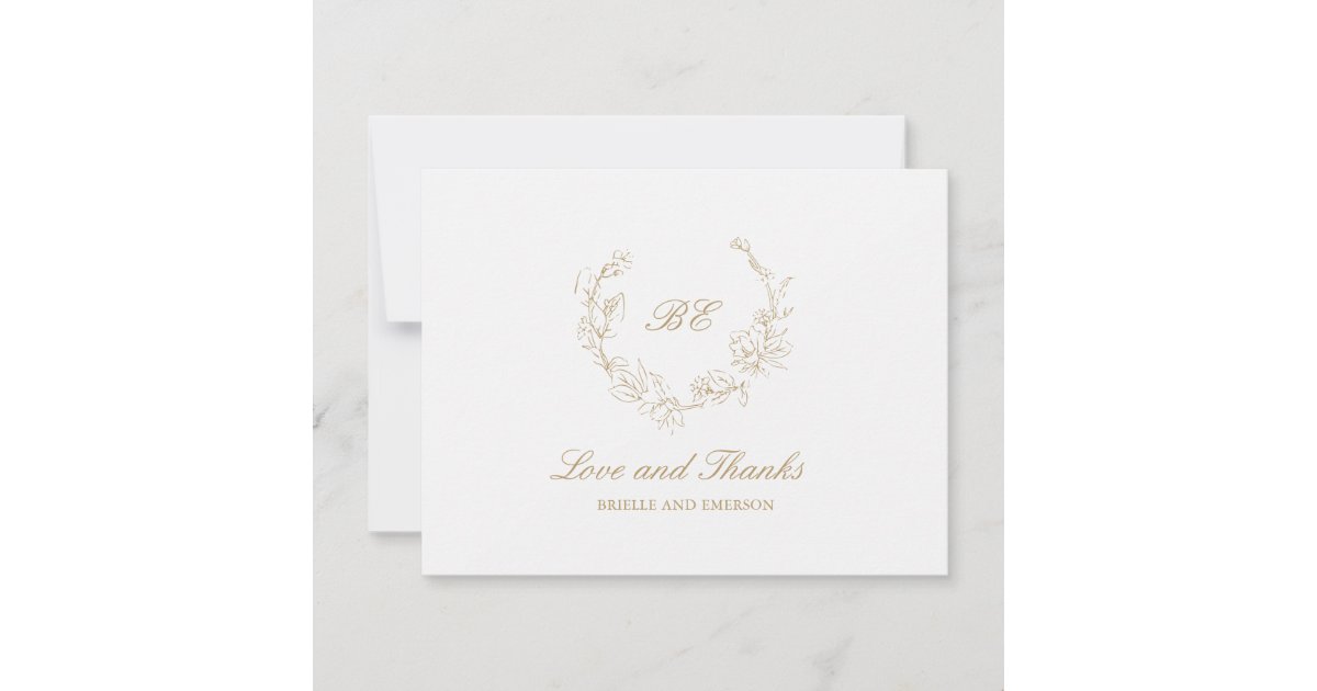 Gold Wreath Monogram Elegant Wedding Thank You Card | Zazzle