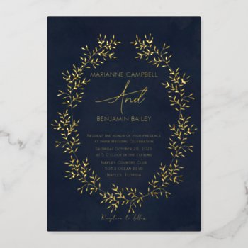 Gold Wreath Navy Blue Wedding Foil Invitation by rusticwedding at Zazzle