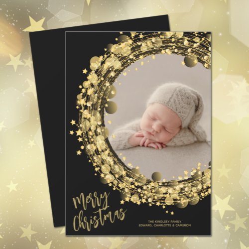 Gold Wreath on Black Merry Christmas Photo Holiday Card
