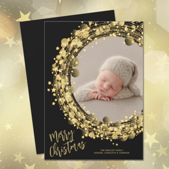 Gold Wreath on Black Merry Christmas Photo Holiday Card (Creator Uploaded)