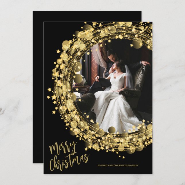 Gold Wreath on Black Merry Christmas Photo Holiday Card (Front/Back)