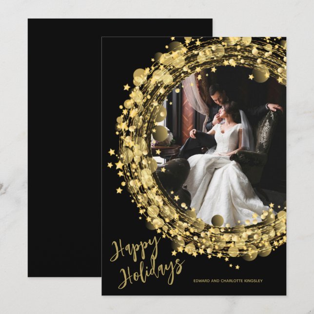 Gold Wreath on Black Photo Happy Holiday Card (Front/Back)