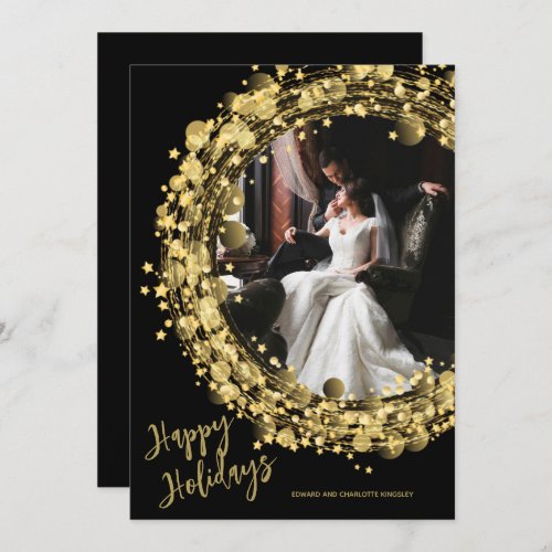 Gold Wreath on Black Photo Happy Holiday Card