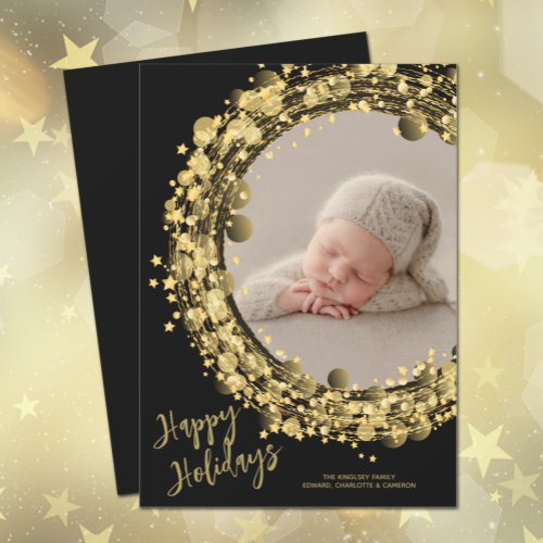 Gold Wreath on Black Photo Happy  Holiday Card