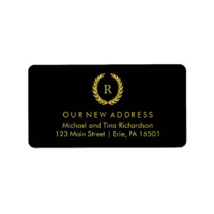 Gold Wreath on Black with Monogram New Address Label
