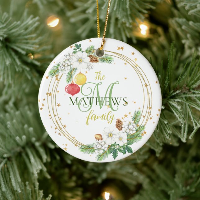 Gold Wreath Ornament White Berries and Petunias  (Tree)