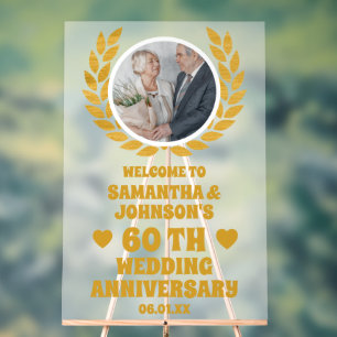 Gold Wreath Photo 60th Wedding Anniversary Welcome Acrylic Sign