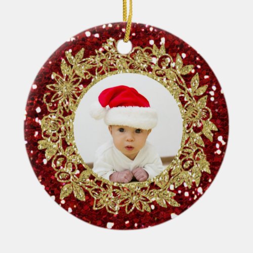 Gold Wreath Red Glitter_Look Photo Christmas Ceramic Ornament