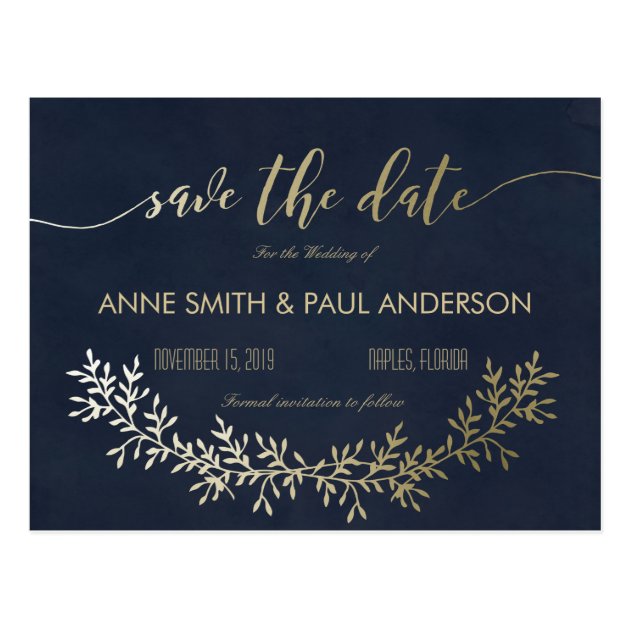 Gold Wreath Save The Date Postcard