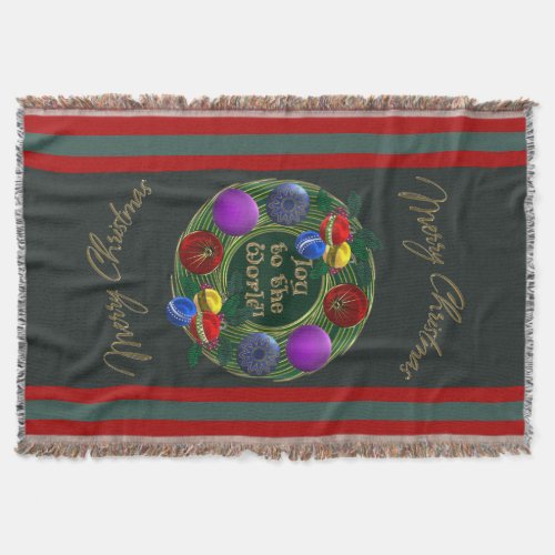 Gold Wreath Vibrant Ornaments on Pine Green Throw Blanket