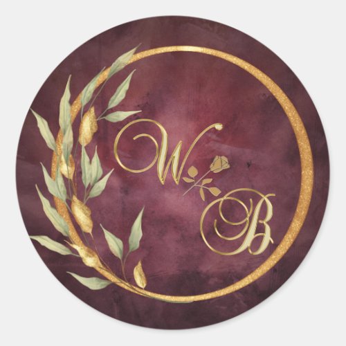 Gold Wreath Wedding Monogram Classic Round Sticker
